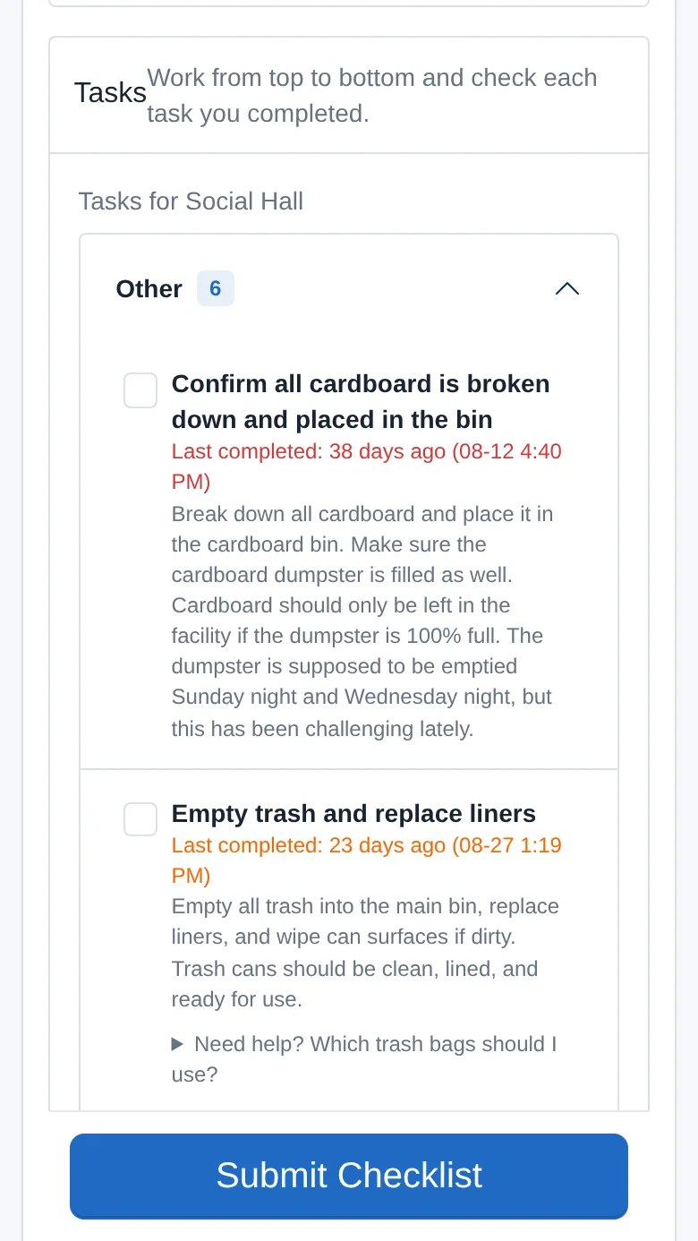 Actual compact mobile Social Hall checklist showing overdue task history, instructions, help, completion controls, and submission