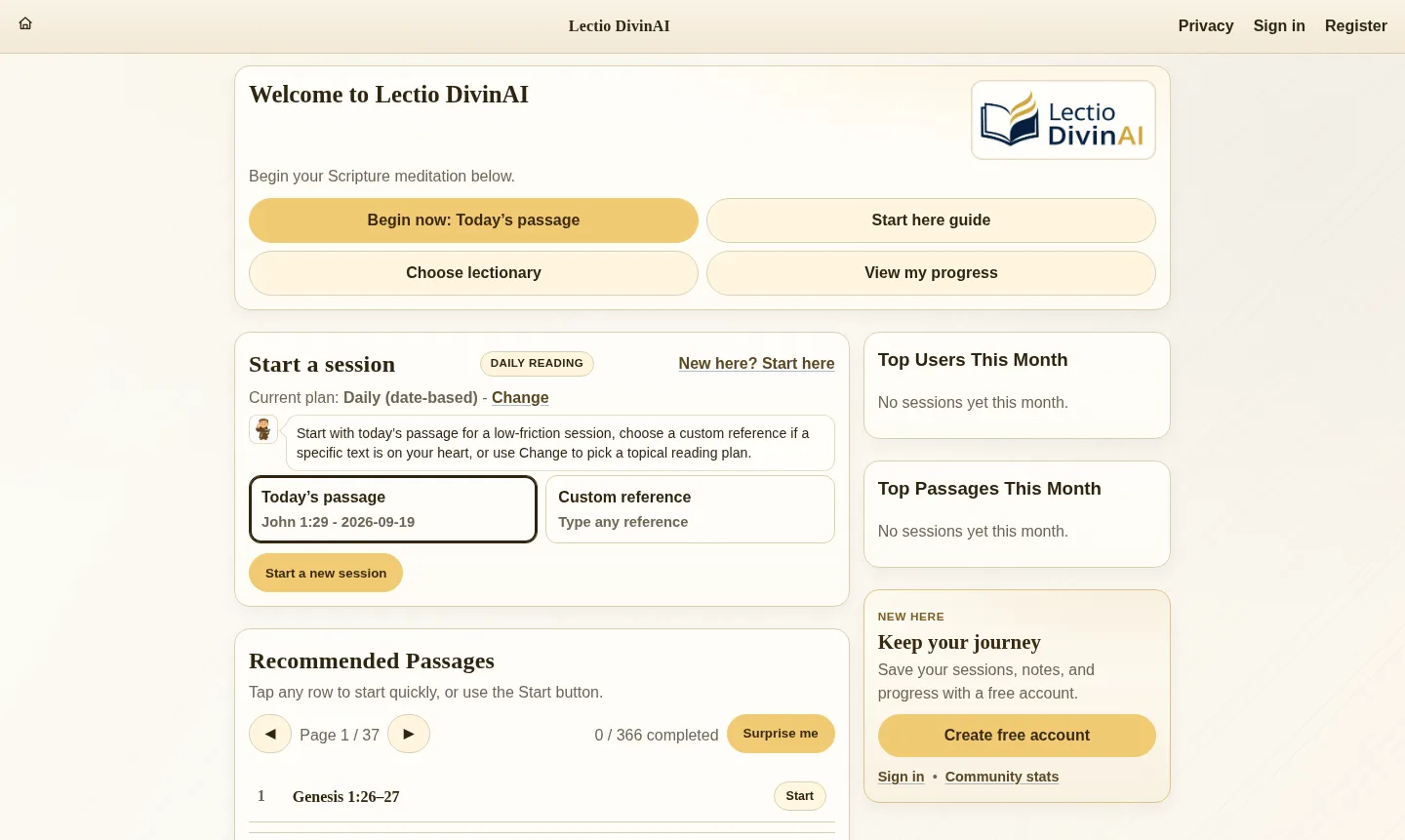 Actual desktop Lectio DivinAI dashboard showing today's passage, session choices, progress, and recommendations