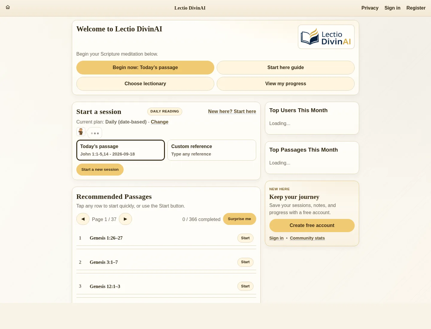 Lectio DivinAI home screen with today's passage, custom reference, and recommended passages