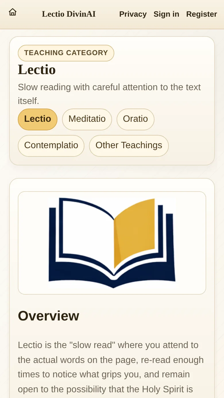 Lectio DivinAI mobile guide explaining the slow-reading stage of the practice