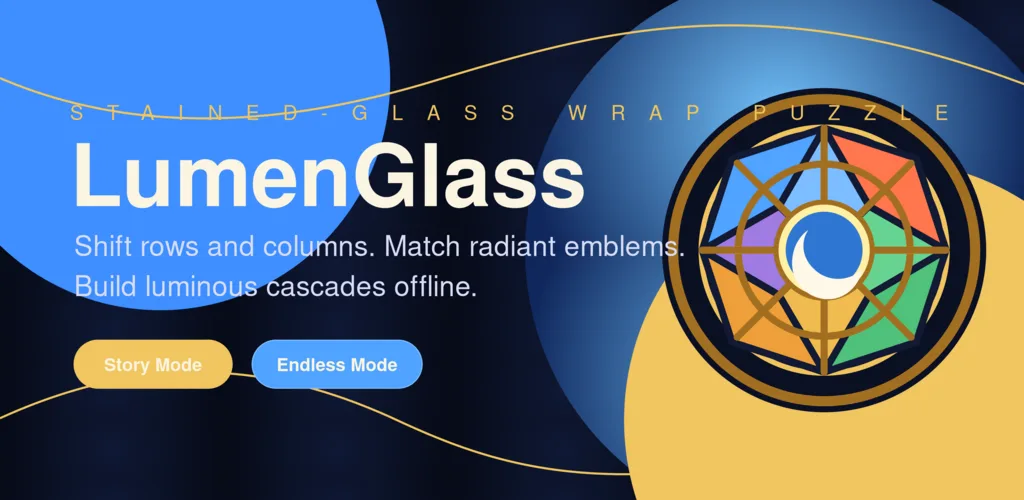 LumenGlass feature artwork showing jewel-colored puzzle tiles
