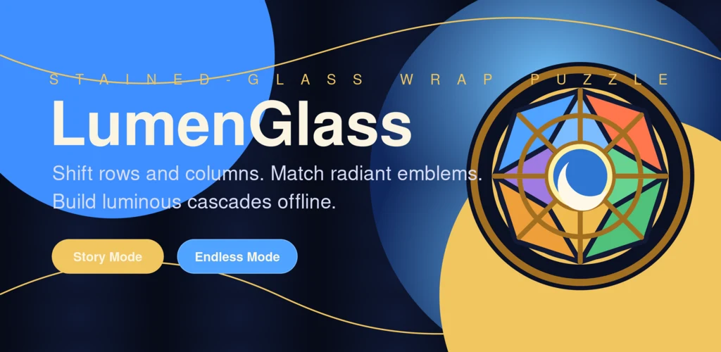 LumenGlass Google Play artwork showing the stained-glass emblem and the title Shift the window