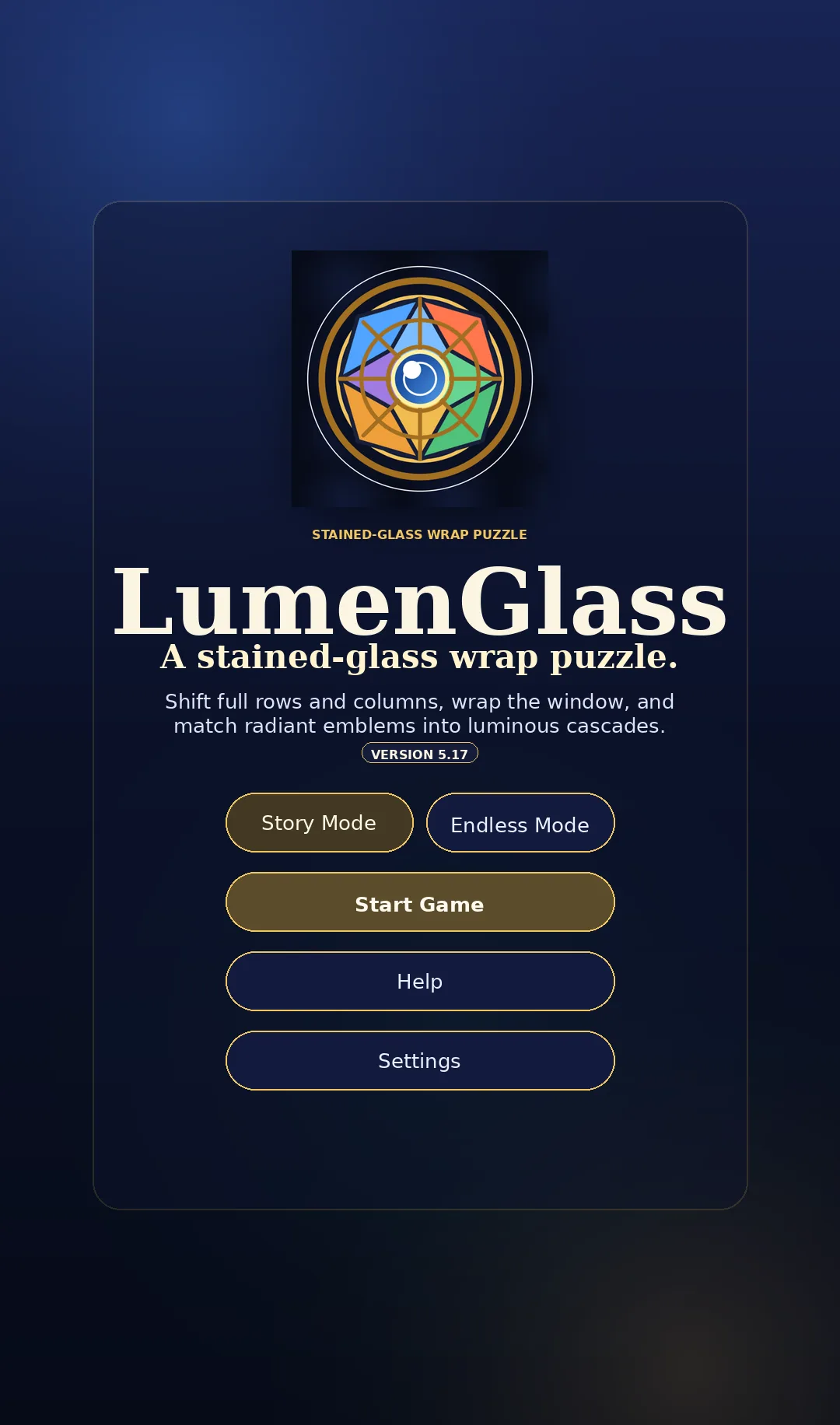 LumenGlass welcome screen with Story and Endless modes