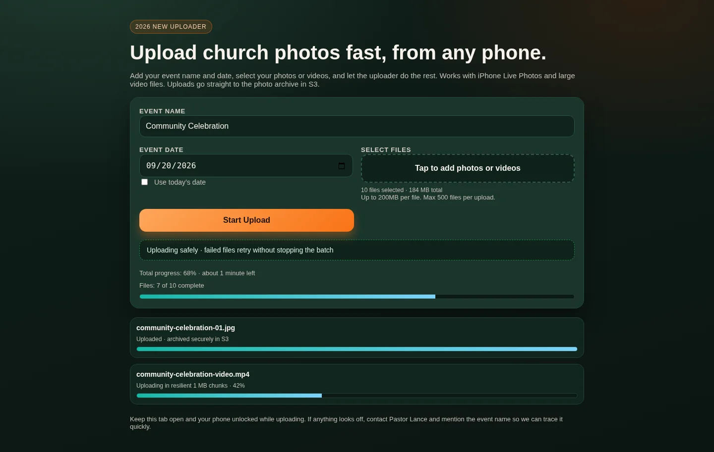 Actual desktop uploader interface showing a community event batch at 68 percent, seven of ten files complete, and per-file progress