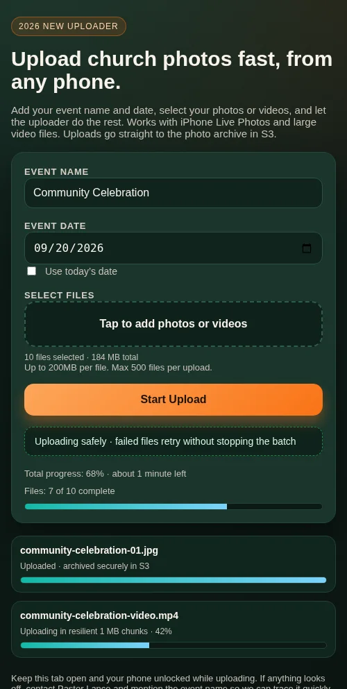 Actual mobile uploader interface with event details, file selection, progress, retry status, and archived file confirmation