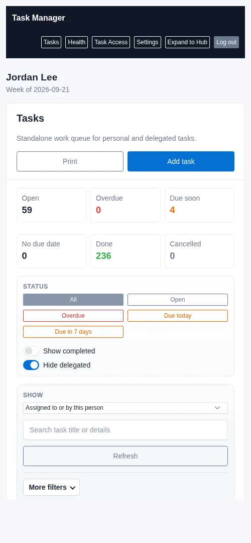 Actual responsive task manager on a phone showing work counts, status filters, assigned task scope, and search