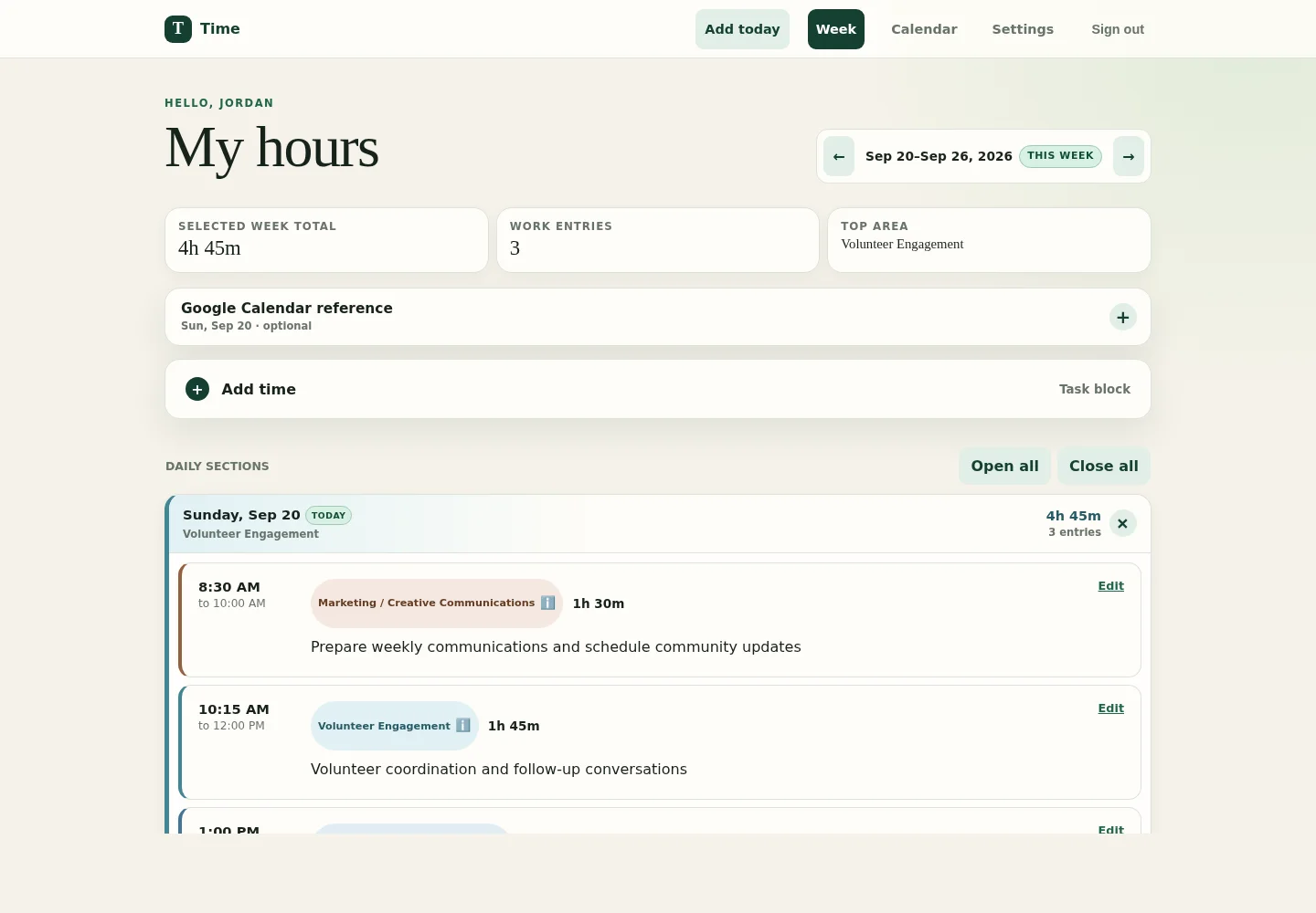 Actual weekly time tracker interface showing total hours, work entries, top activity area, Google Calendar reference, daily task blocks, and activity breakdown