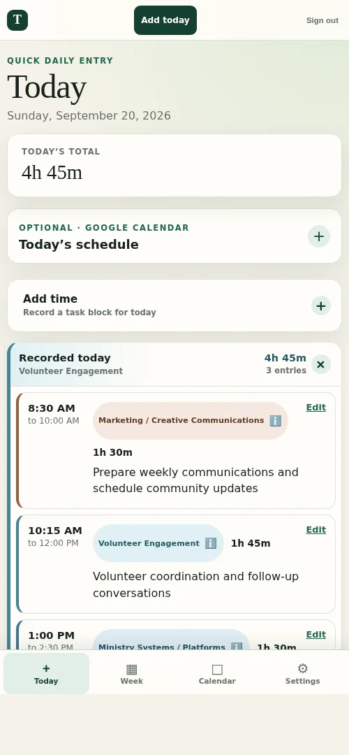 Actual mobile time tracker showing today's total and three recorded task blocks across marketing, volunteer engagement, and ministry systems